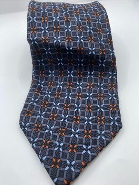 Ermenegildo Zegna Navy Silk Tie with Blue and Orange Geometric Motif